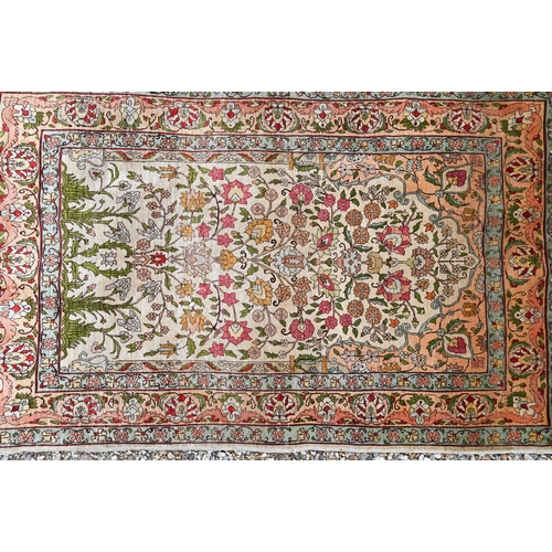 906 - A fine Turkish Hereke silk prayer rug, the floral design on ochre ground, 120 cm x 72 cm