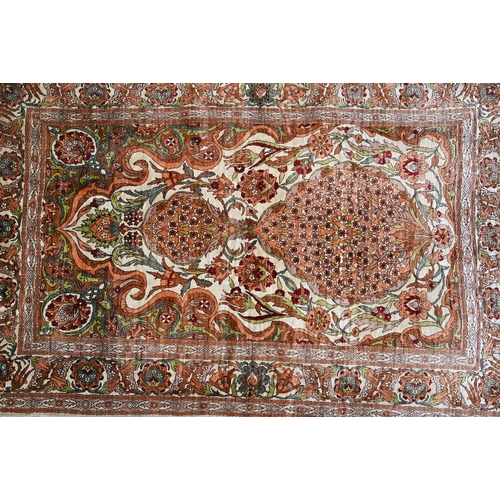 907 - A fine Turkish Hereke silk prayer rug, the profusely floral design on yellow/gold ground, 122 cm x 8... 