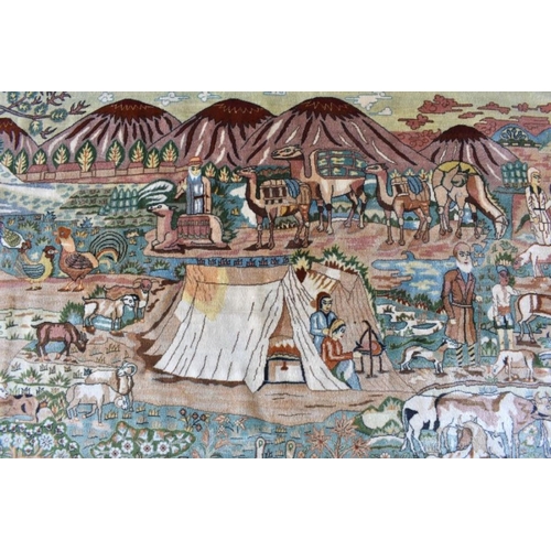 928 - A very fine Persian Hereke silk pictorial rug, the field with busy Persian tribal encampment with an... 