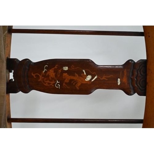 937 - An antique Chinese inlaid hardwood chair, with cushion seat, on a cross frame base
