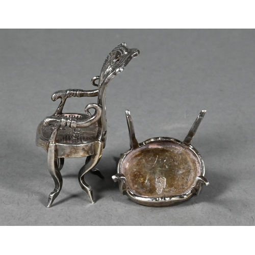 94 - Two late Victorian silver novelty miniature chairs, London import 1892, 4 cm high