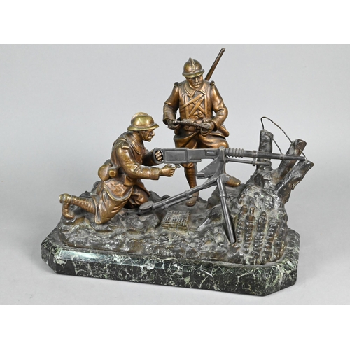 943 - After Charles Gillet (1879 - 1972), brown-patinated bronze group, two World War One soldiers with Ho... 