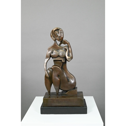 947 - Raymondo, brown patinated bronze, seated female figure in the manner of Picasso, signed, 35 cm high