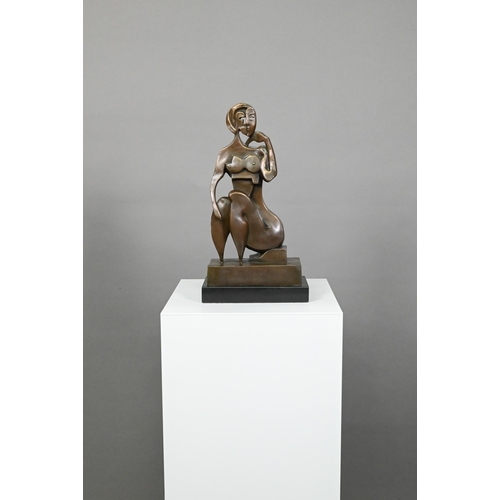 947 - Raymondo, brown patinated bronze, seated female figure in the manner of Picasso, signed, 35 cm high