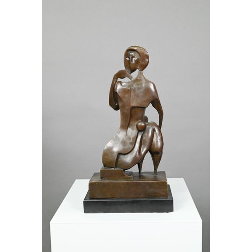 947 - Raymondo, brown patinated bronze, seated female figure in the manner of Picasso, signed, 35 cm high