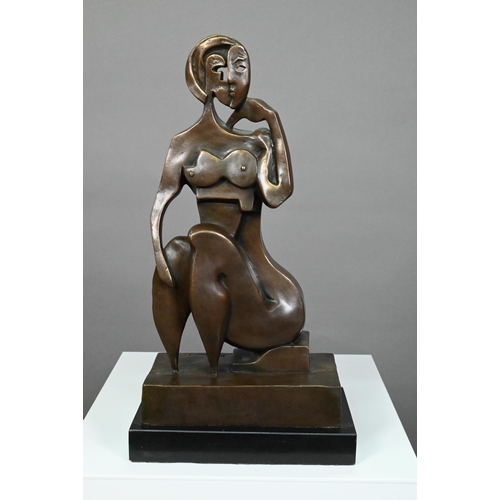 947 - Raymondo, brown patinated bronze, seated female figure in the manner of Picasso, signed, 35 cm high