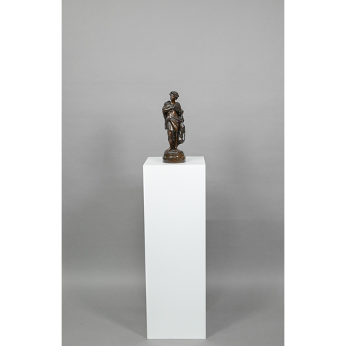 952 - Emile Boyer (1877 - 1948), brown-patinated bronze huntsman in wolf-skin cloak, holding a deer, on tu... 