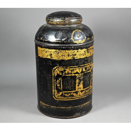 956 - An early 19th century Chinese japanned tin tea canister with gilt decoration, 41 cm high