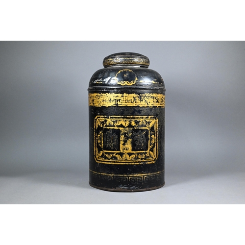 956 - An early 19th century Chinese japanned tin tea canister with gilt decoration, 41 cm high