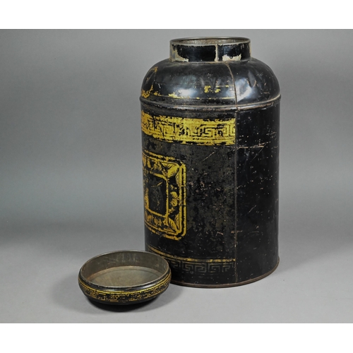 956 - An early 19th century Chinese japanned tin tea canister with gilt decoration, 41 cm high