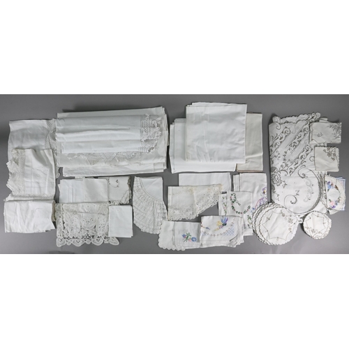 966 - A quantity of vintage embroidered linen, cotton and damask table-linen, etc. (box)