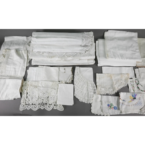 966 - A quantity of vintage embroidered linen, cotton and damask table-linen, etc. (box)