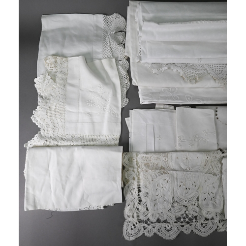 966 - A quantity of vintage embroidered linen, cotton and damask table-linen, etc. (box)