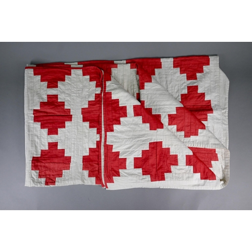 969 - A (reputedly) Glasgow cotton quilt worked with red cross designs on geometric white ground, 214 x 18... 