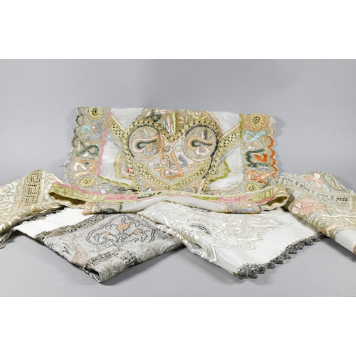 974 - Two antique Ottoman silk bocha's, the similar designs differently coloured in pale pink, green and b... 