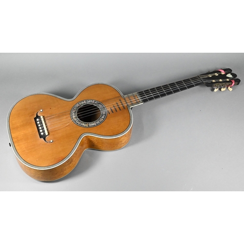 976 - A fine quality 19th century French guitar, with bird's eye maple body, length of back 42 cm, pine so... 