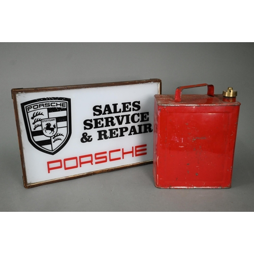 978 - A vintage glass garage sign 'Porsche Sales, Service & Repair' 32 x 51 cm, to/w a vintage petrol-can,... 