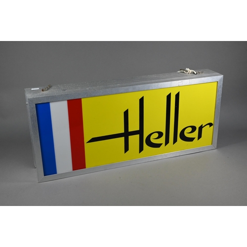 979 - A Heller (model car makers) illuminated trade-sign with plastic panels and aluminium body, 29 x 67 c... 