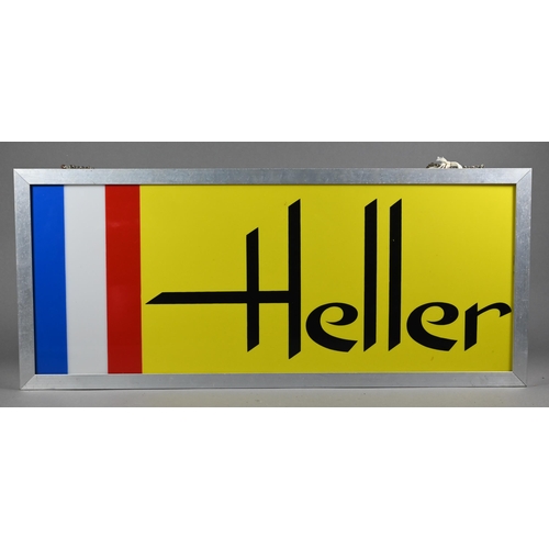 979 - A Heller (model car makers) illuminated trade-sign with plastic panels and aluminium body, 29 x 67 c... 