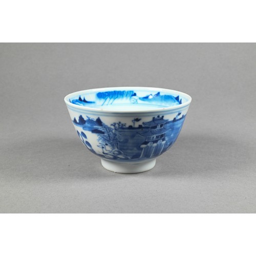 353 - A pair of 19th century Chinese blue and white tea bowls painted in underglaze blue with a figure lea... 