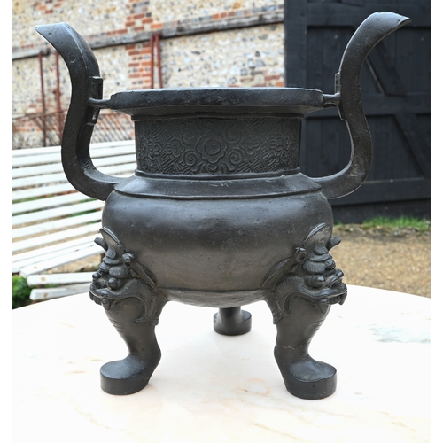 341 - An antique large Chinese archaistic bronze tripod censer or incense burner (Ding) the pair of 's' sh... 