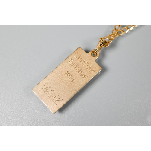 221 - A limited edition 9ct yellow gold half oz ingot, on 9ct flat belcher chain, approx 20g all in