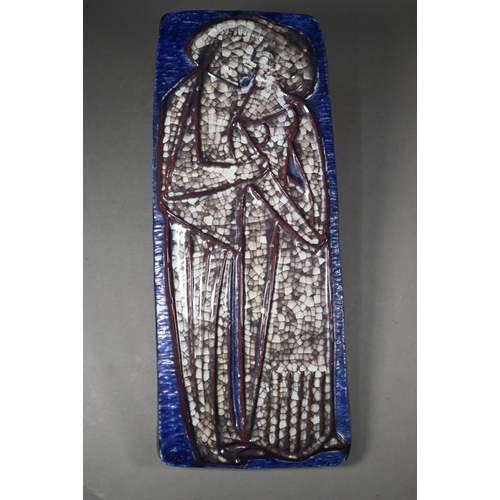 448 - Two Bornholm (Denmark) glazed earthenware plaques, moulded in relief with figures in the medieval ma... 