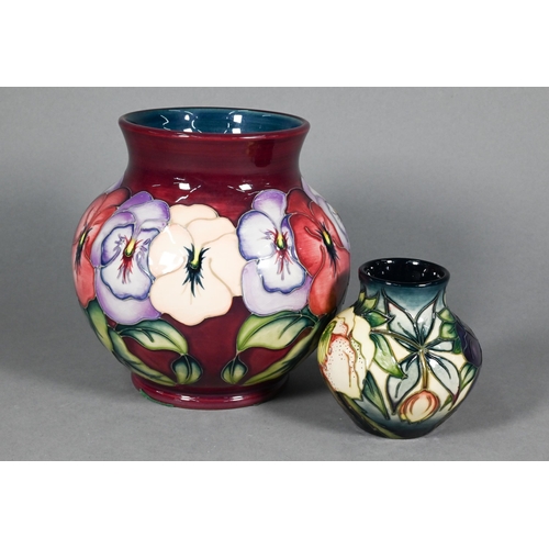 466 - A Moorcroft 'Pansy' globular vase with flared neck, signed R Bishop, J Moorcroft & W M monogram,... 