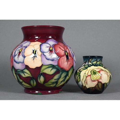 466 - A Moorcroft 'Pansy' globular vase with flared neck, signed R Bishop, J Moorcroft & W M monogram,... 