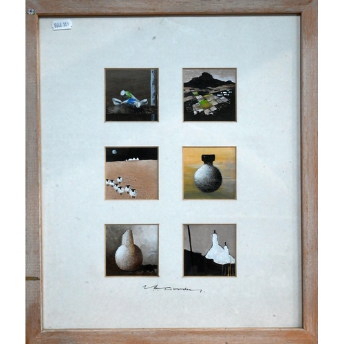 519 - Leslie Gooday (1921-2013) - 'Composite 2', six small oil studies framed as one, signed, 38 x 31.5 cm... 