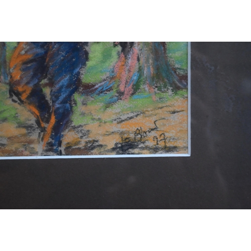 544 - Le Brun - A cavalcade of horses, pastel, signed and dated lower right, 33 x 100 cm