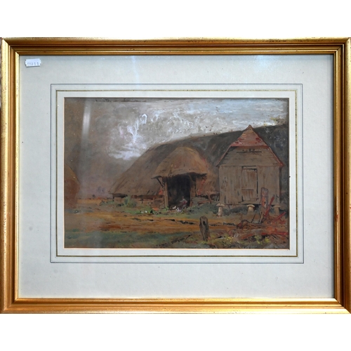 551 - Sydney Goodwin attrib - Thatched barn on staddle stones, watercolour, 23.5 x 34.5 cm