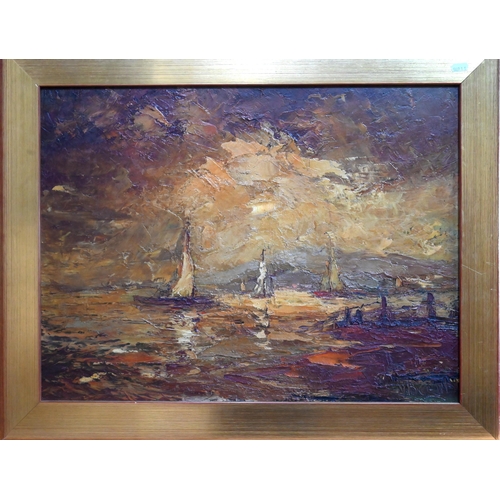 558 - Impressionistic view of sailing boats, oil on board, signed indistinctly to lower right, 44.5 x 59 c... 