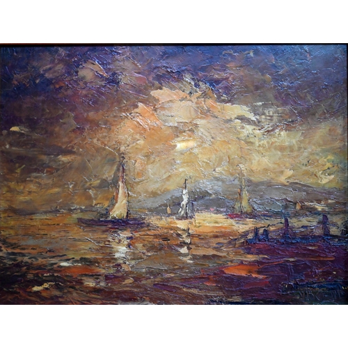 558 - Impressionistic view of sailing boats, oil on board, signed indistinctly to lower right, 44.5 x 59 c... 