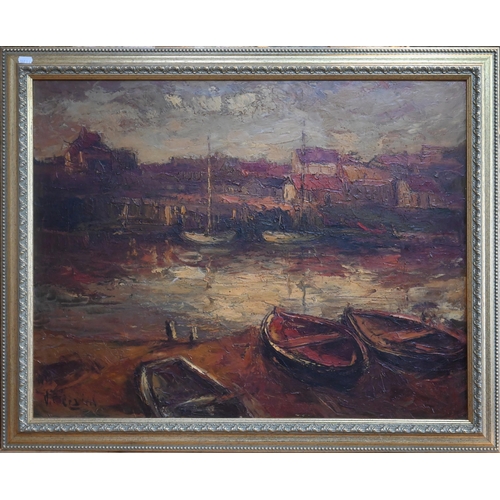 559 - Impressionistic harbour scene, oil on canvas, indistinctly signed, 57 x 73 cm