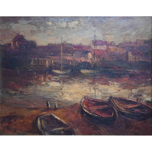 559 - Impressionistic harbour scene, oil on canvas, indistinctly signed, 57 x 73 cm