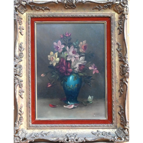 565 - R Cook - Still life study with flowers in a blue vase, oil on board, signed lower right and dated '6... 