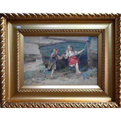 576 - R Anderson - 'Playmates', children playing on shore, watercolour, signed and dated 1883, 30 x 45 cm