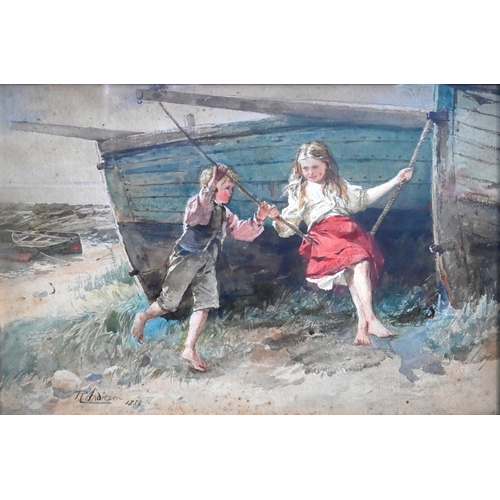 576 - R Anderson - 'Playmates', children playing on shore, watercolour, signed and dated 1883, 30 x 45 cm