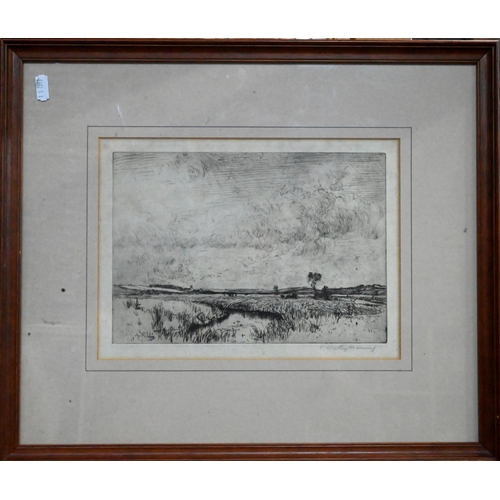 579 - William Westley Manning (1868-1954) - Two drypoint etching pastoral views - A river scene and harves... 