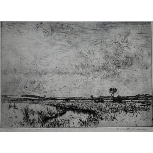 579 - William Westley Manning (1868-1954) - Two drypoint etching pastoral views - A river scene and harves... 