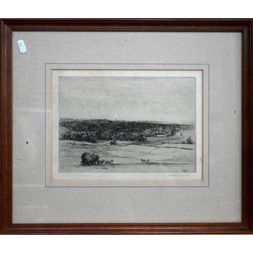 579 - William Westley Manning (1868-1954) - Two drypoint etching pastoral views - A river scene and harves... 