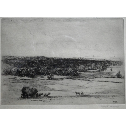 579 - William Westley Manning (1868-1954) - Two drypoint etching pastoral views - A river scene and harves... 