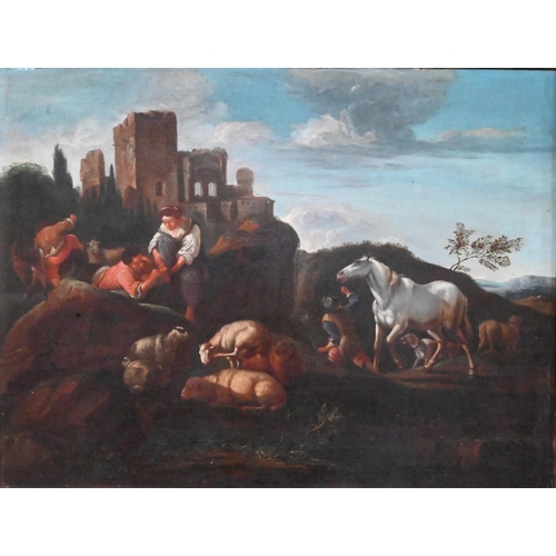 583 - 18th century Continental school - An Italianate landscape with ruins and rustic figures and animals,... 