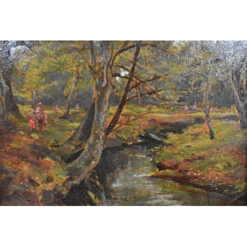 584 - W S Goodwin (1833-1916) attrib - 'A New Forest Stream', oil on board, 16 x 24 cm