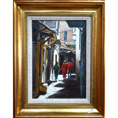 601 - Susan Keeble - 'Walking through the Souk', oil on board, signed lower right, 28 x 19.5 cm, Llewellyn... 