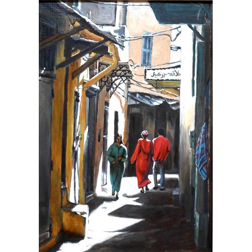 601 - Susan Keeble - 'Walking through the Souk', oil on board, signed lower right, 28 x 19.5 cm, Llewellyn... 