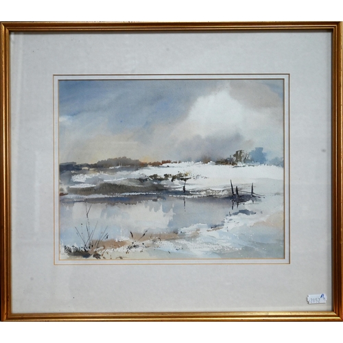 605 - Peter Toms (b 1940) - 'Ice on the pond', watercolour, signed lower left, 22.5 x 28 cm