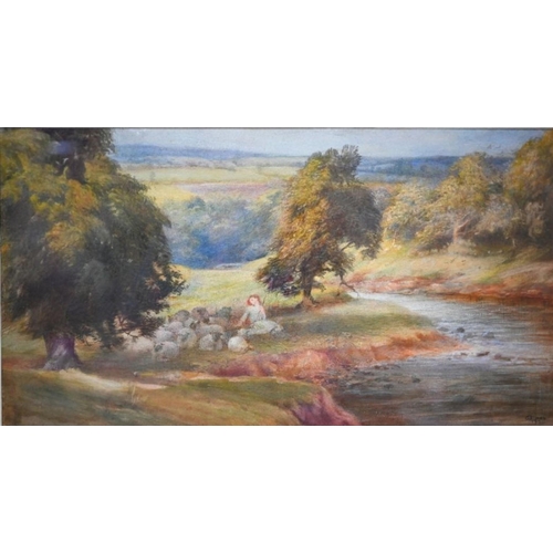 614 - George O Owen (act 1884-1926) - Sheep and shepherdess by river bank, watercolour, signed lower right... 