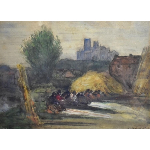 616 - French school - Cathedral on hill with figures in foreground, watercolour, signed indistinctly, 24 x... 